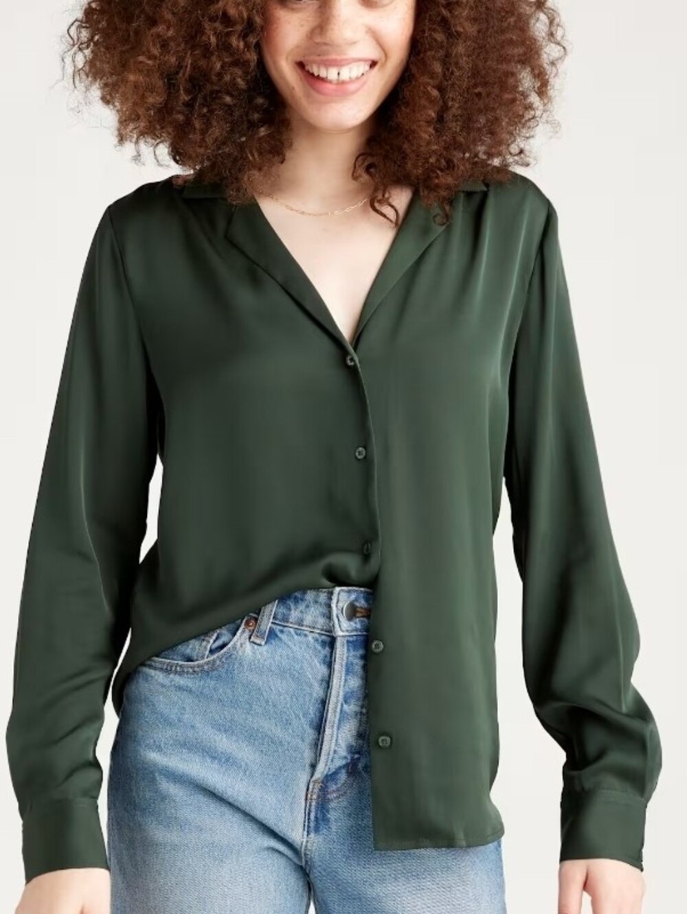 Quince Washable Stretch Silk Notch Collar Blouse - Dark Green